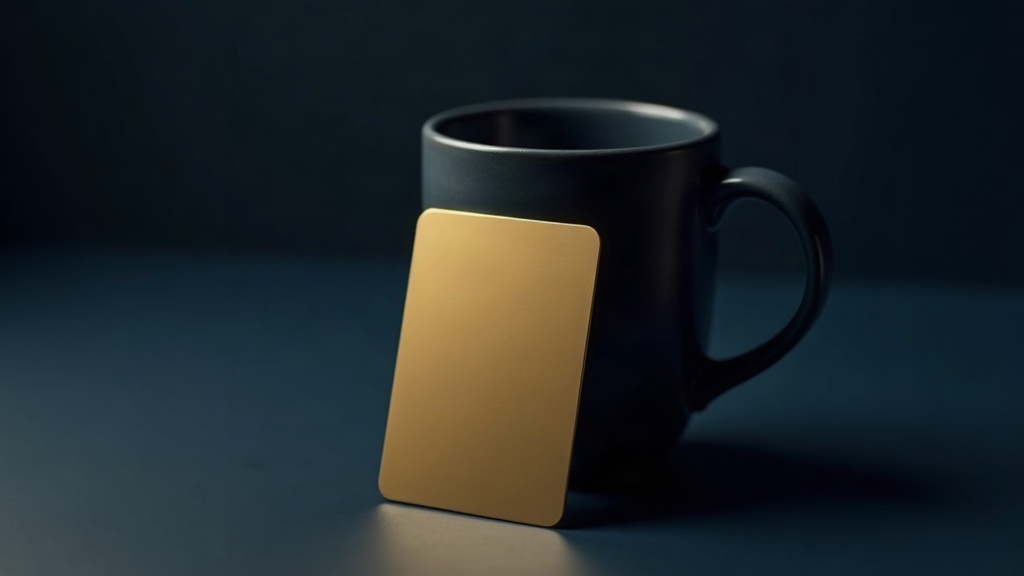 Una tarjeta dorada junto a una taza, que representa una Amex sin SSN desde Colombia