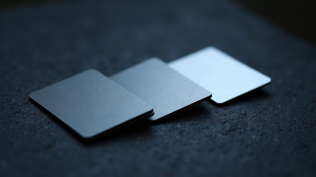Three unbranded metal cards in a row, a set held by one business owner