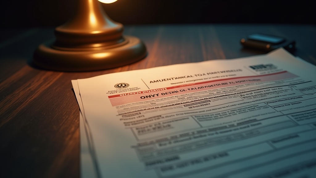 An official IRS tax document with a red warning accent on a dark navy desk