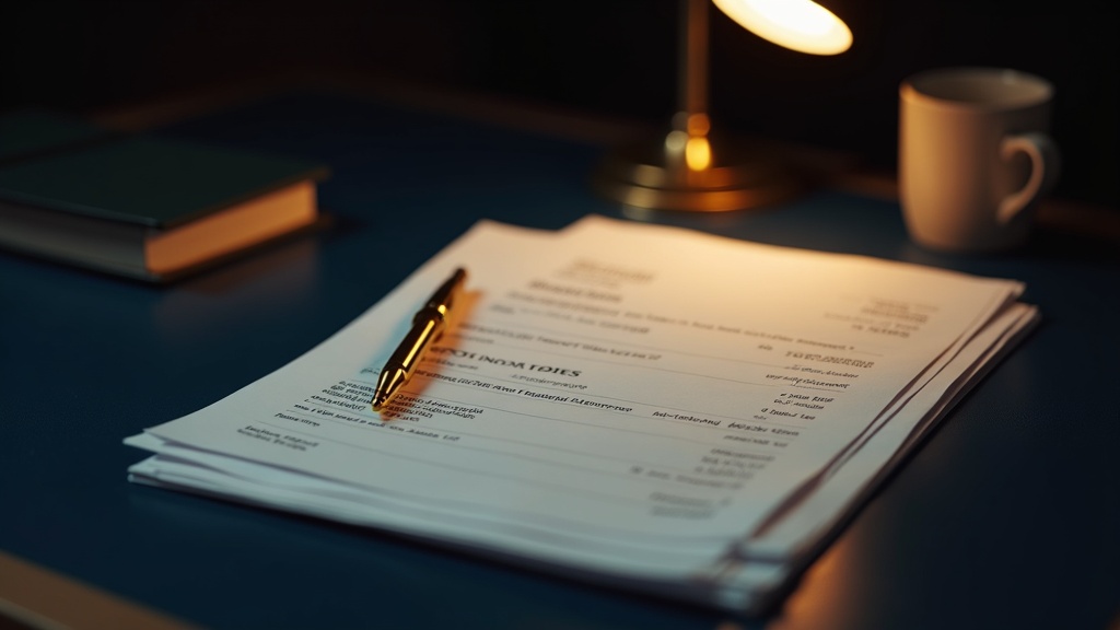 Business invoices and a gold pen on a dark navy desk